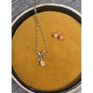 Vintage coral rose pendant necklace and earrings stamped 925/ gold Womens